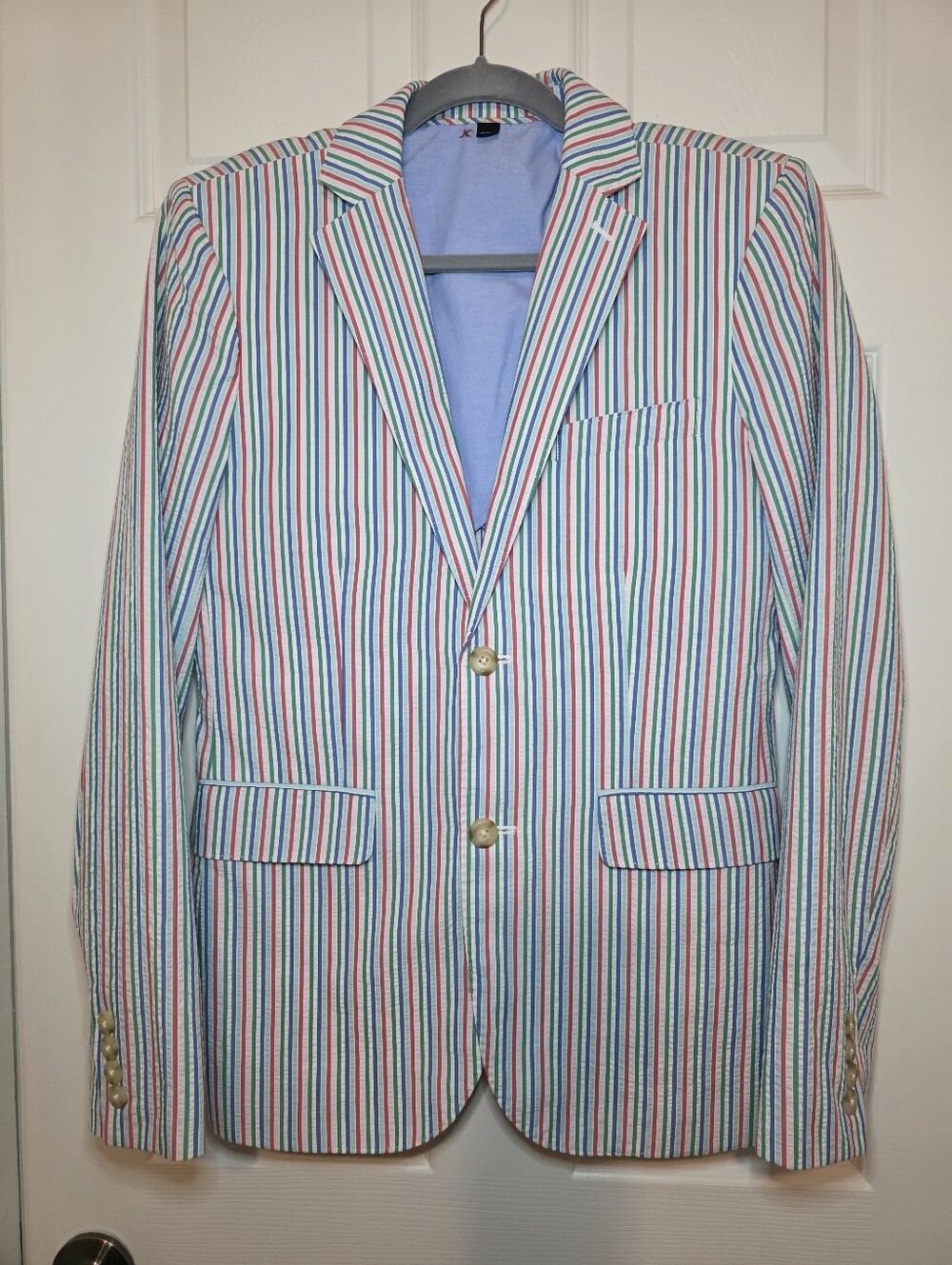 Crewcuts J Crew Ludlow Seersucker Striped Suit Jacket Boys 16 Blue Red Green